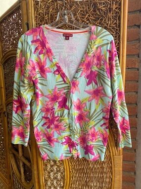 Floral Knit Button Down - Pink & Green Merona Sweater Top Size Medium Like New